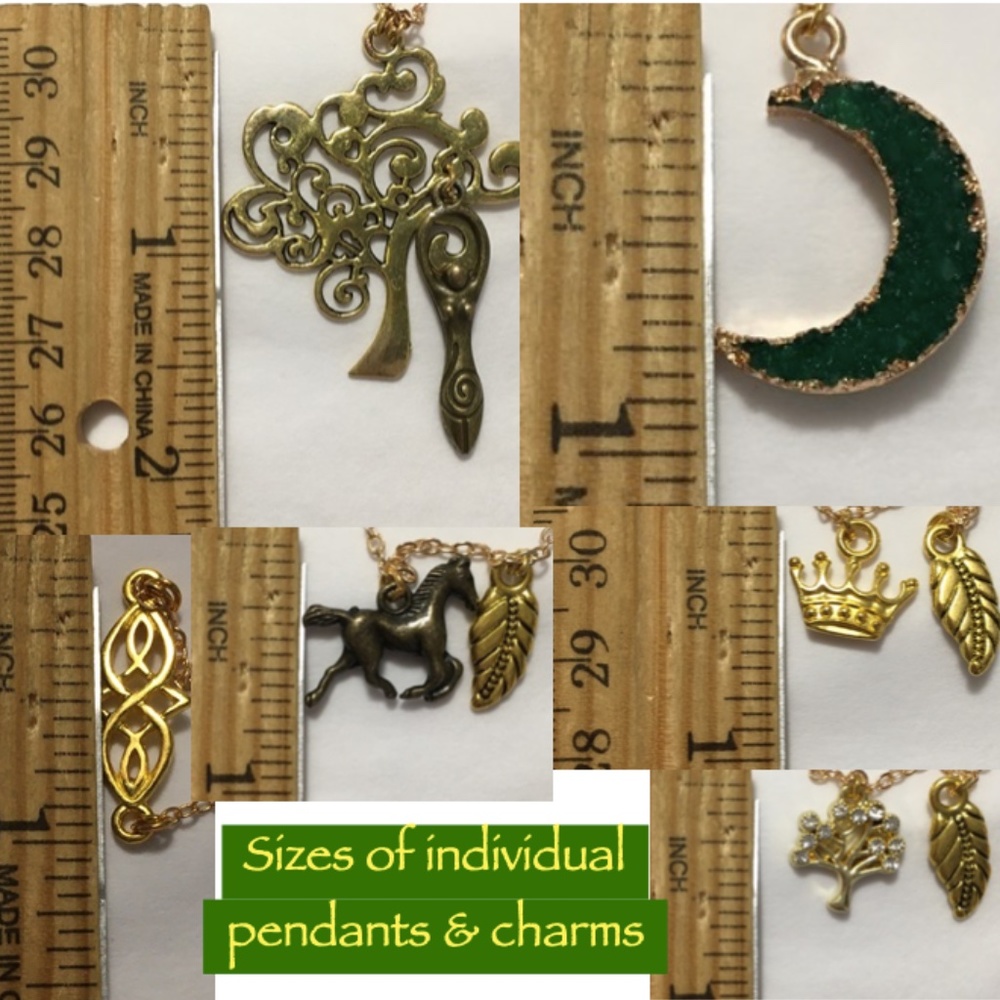 Danu Celtic Forest Goddess Handmade Necklace, Gold Tree, Green Druzy Moon, Crown - Picture 13 of 15